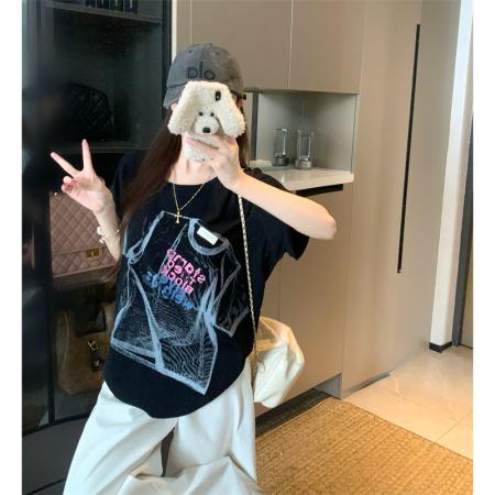 BY15899# 宽松版大码夏季胖mm正肩彩色贴标字母t恤白墨印花纯棉短袖女 服裝批發女裝批發服飾貨源