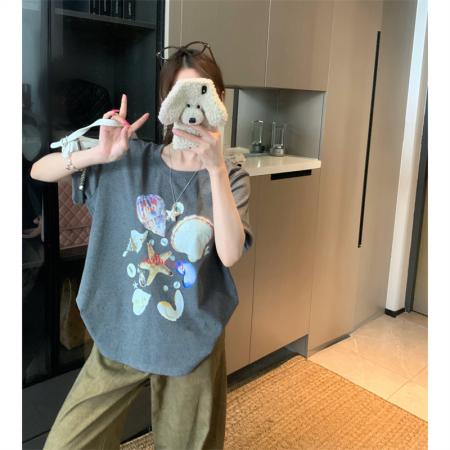 BY15900# 宽松版大码夏季胖mm正肩纯棉短袖海星贝壳印花宽松T恤上衣女 服裝批發女裝批發服飾貨源