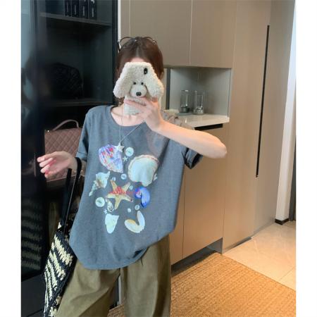 BY15900# 宽松版大码夏季胖mm正肩纯棉短袖海星贝壳印花宽松T恤上衣女 服裝批發女裝批發服飾貨源