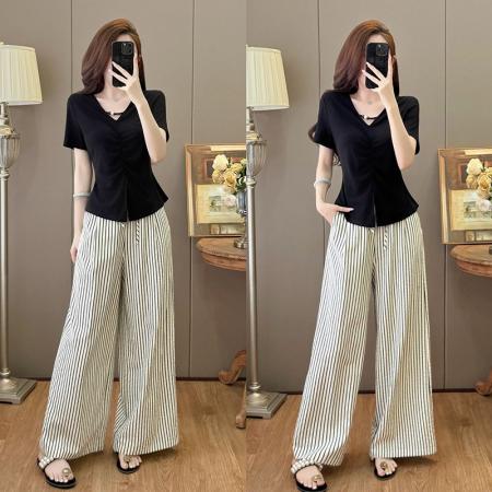 BY15901# 气质V领不规则短袖T恤上衣+高腰条纹垂感休闲阔腿裤套装 服裝批發女裝批發服飾貨源