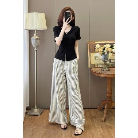 BY15901# 气质V领不规则短袖T恤上衣+高腰条纹垂感休闲阔腿裤套装 服裝批發女裝批發服飾貨源