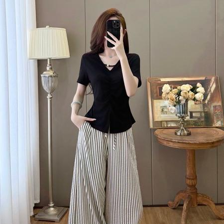 BY15901# 气质V领不规则短袖T恤上衣+高腰条纹垂感休闲阔腿裤套装 服裝批發女裝批發服飾貨源