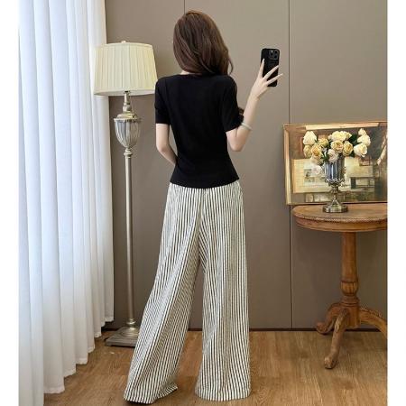 BY15901# 气质V领不规则短袖T恤上衣+高腰条纹垂感休闲阔腿裤套装 服裝批發女裝批發服飾貨源