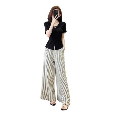 BY15901# 气质V领不规则短袖T恤上衣+高腰条纹垂感休闲阔腿裤套装 服裝批發女裝批發服飾貨源