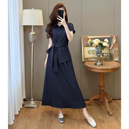 BY15905# 夏装新款大码女装收腰休闲衬衫仿牛仔显瘦半身裙通勤套装 服裝批發女裝批發服飾貨源