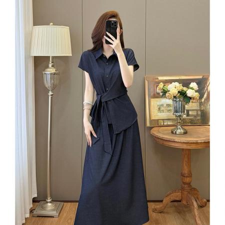 BY15905# 夏装新款大码女装收腰休闲衬衫仿牛仔显瘦半身裙通勤套装 服裝批發女裝批發服飾貨源
