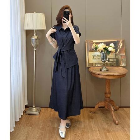 BY15905# 夏装新款大码女装收腰休闲衬衫仿牛仔显瘦半身裙通勤套装 服裝批發女裝批發服飾貨源