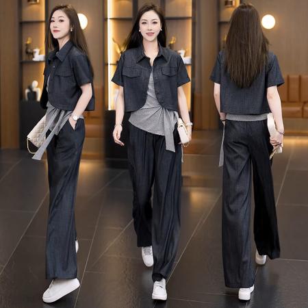 BY15906# 26夏新款大码女仿牛仔外套条纹吊带上衣显瘦直筒阔腿裤三套装 服裝批發女裝批發服飾貨源