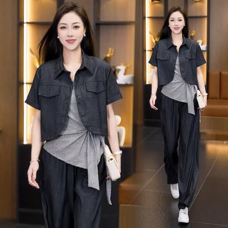 BY15906# 26夏新款大码女仿牛仔外套条纹吊带上衣显瘦直筒阔腿裤三套装 服裝批發女裝批發服飾貨源