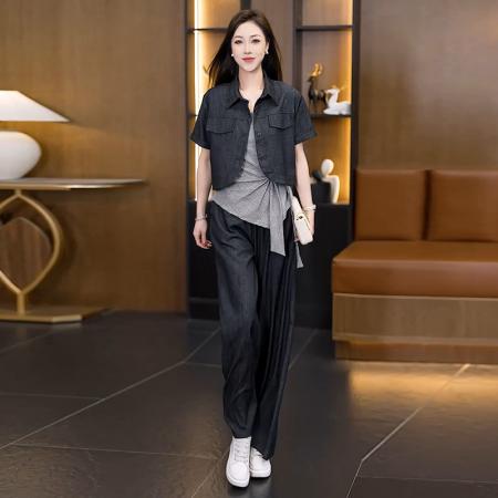 BY15906# 26夏新款大码女仿牛仔外套条纹吊带上衣显瘦直筒阔腿裤三套装 服裝批發女裝批發服飾貨源