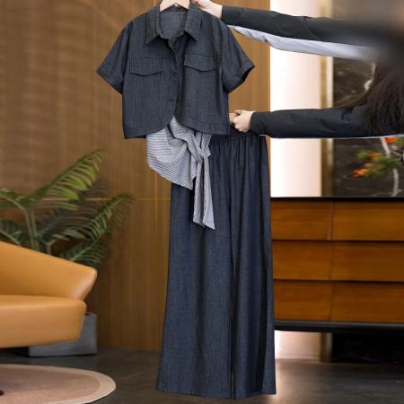 BY15906# 26夏新款大码女仿牛仔外套条纹吊带上衣显瘦直筒阔腿裤三套装 服裝批發女裝批發服飾貨源