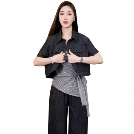 BY15906# 26夏新款大码女仿牛仔外套条纹吊带上衣显瘦直筒阔腿裤三套装 服裝批發女裝批發服飾貨源