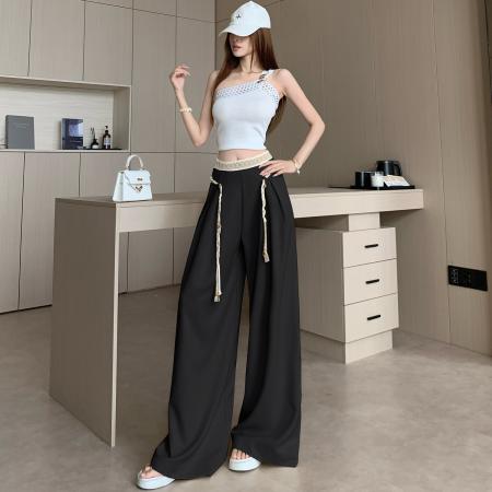 BY15908# 波西米亚系带阔腿裤女米杏色垂坠感春夏新款显瘦松弛感穿搭拖地裤 服裝批發女裝批發服飾貨源