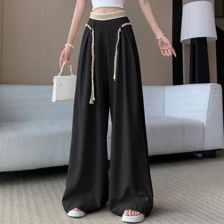 BY15908# 波西米亚系带阔腿裤女米杏色垂坠感春夏新款显瘦松弛感穿搭拖地裤 服裝批發女裝批發服飾貨源