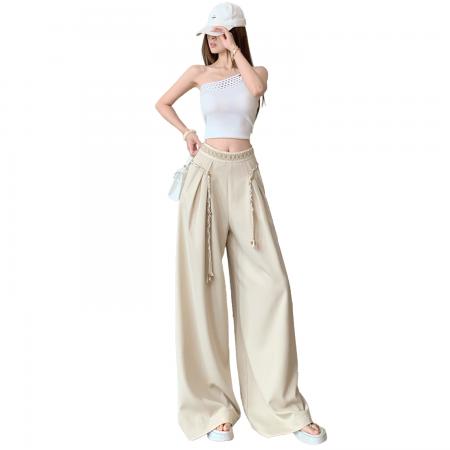 BY15908# 波西米亚系带阔腿裤女米杏色垂坠感春夏新款显瘦松弛感穿搭拖地裤 服裝批發女裝批發服飾貨源