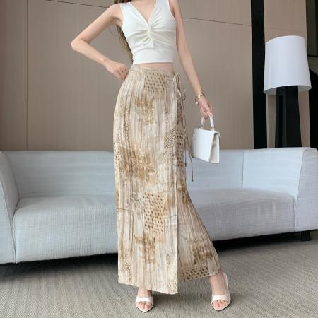 夏季法式优雅复古度假风简约时尚印花高腰显瘦设计感半身长裙子 服裝批發女裝批發服飾貨源