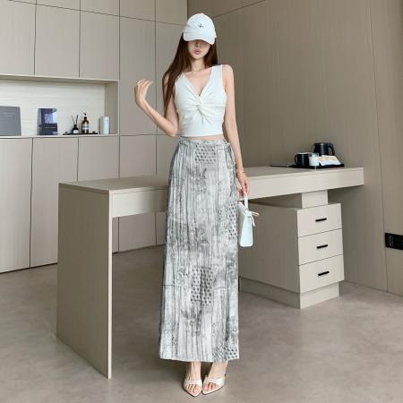 夏季法式优雅复古度假风简约时尚印花高腰显瘦设计感半身长裙子 服裝批發女裝批發服飾貨源