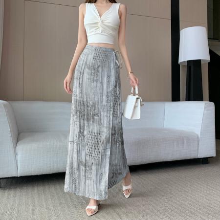 夏季法式优雅复古度假风简约时尚印花高腰显瘦设计感半身长裙子 服裝批發女裝批發服飾貨源