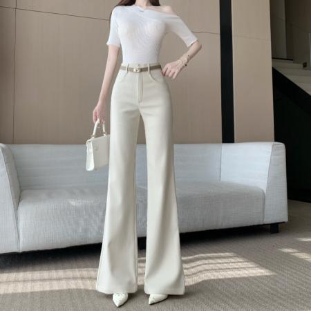 米杏色直筒西装裤女春新款纯欲御姐风高腰喇叭休闲裤显瘦长裤 服裝批發女裝批發服飾貨源