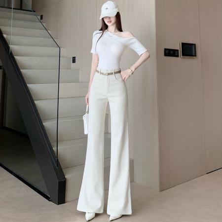 米杏色直筒西装裤女春新款纯欲御姐风高腰喇叭休闲裤显瘦长裤 服裝批發女裝批發服飾貨源