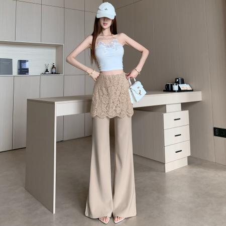BY15911# 设计感蕾丝屁帘微喇裤女春夏新款高腰假两件喇叭裤显瘦修身长裤 服裝批發女裝批發服飾貨源