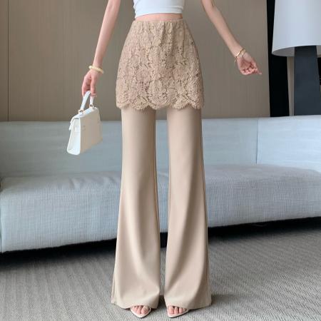 BY15911# 设计感蕾丝屁帘微喇裤女春夏新款高腰假两件喇叭裤显瘦修身长裤 服裝批發女裝批發服飾貨源