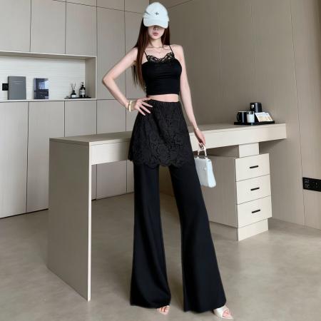 BY15911# 设计感蕾丝屁帘微喇裤女春夏新款高腰假两件喇叭裤显瘦修身长裤 服裝批發女裝批發服飾貨源