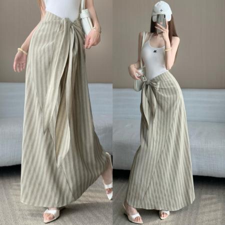 法式高级感收腰绑带条纹半身裙女新款高腰显瘦气质漂亮长裙子 服裝批發女裝批發服飾貨源