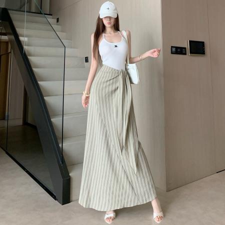 法式高级感收腰绑带条纹半身裙女新款高腰显瘦气质漂亮长裙子 服裝批發女裝批發服飾貨源