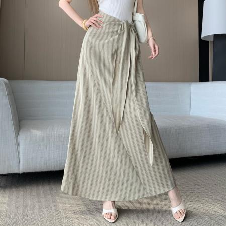 法式高级感收腰绑带条纹半身裙女新款高腰显瘦气质漂亮长裙子 服裝批發女裝批發服飾貨源