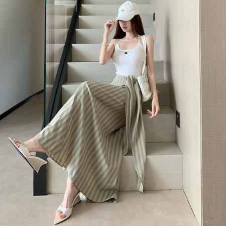 法式高级感收腰绑带条纹半身裙女新款高腰显瘦气质漂亮长裙子 服裝批發女裝批發服飾貨源