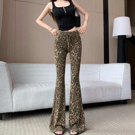 野生美式复古豹纹微喇叭休闲裤女新款辣妹高级独特修身显瘦长裤子 服裝批發女裝批發服飾貨源