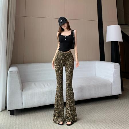 野生美式复古豹纹微喇叭休闲裤女新款辣妹高级独特修身显瘦长裤子 服裝批發女裝批發服飾貨源