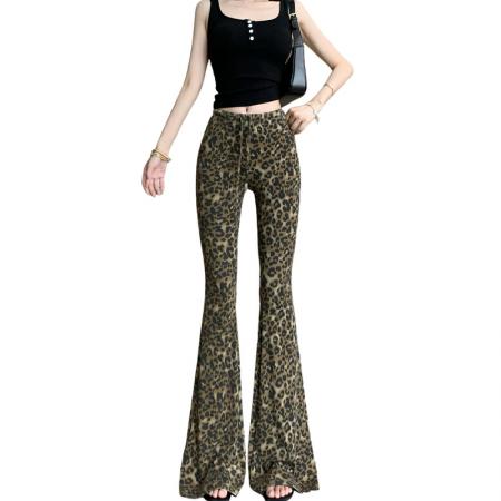 野生美式复古豹纹微喇叭休闲裤女新款辣妹高级独特修身显瘦长裤子 服裝批發女裝批發服飾貨源