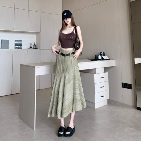 不规则配皮带高腰遮跨卡其色中长裙女夏季新款韩版百搭a字裙 服裝批發女裝批發服飾貨源