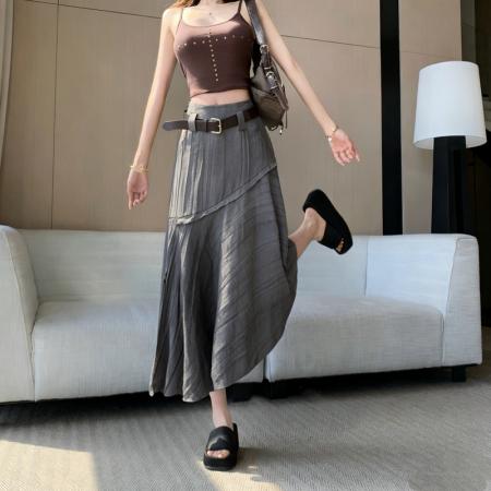 不规则配皮带高腰遮跨卡其色中长裙女夏季新款韩版百搭a字裙 服裝批發女裝批發服飾貨源