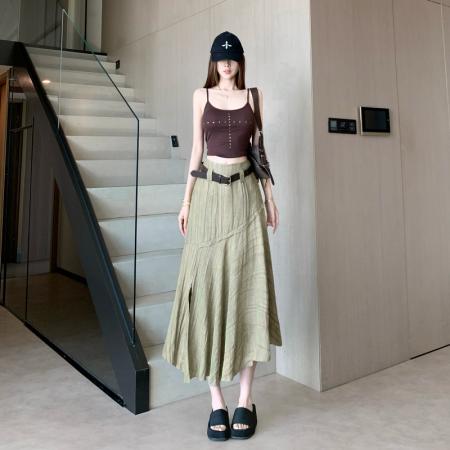 不规则配皮带高腰遮跨卡其色中长裙女夏季新款韩版百搭a字裙 服裝批發女裝批發服飾貨源