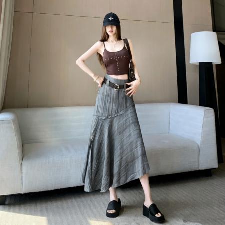 不规则配皮带高腰遮跨卡其色中长裙女夏季新款韩版百搭a字裙 服裝批發女裝批發服飾貨源