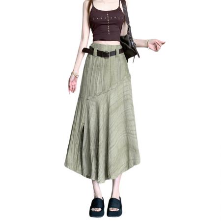 不规则配皮带高腰遮跨卡其色中长裙女夏季新款韩版百搭a字裙 服裝批發女裝批發服飾貨源