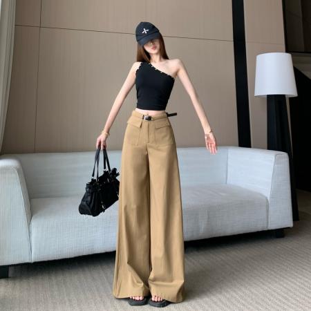 高腰韩版工装卡其色阔腿裤女春夏通勤百搭显瘦拖地慵懒风休闲裤 服裝批發女裝批發服飾貨源