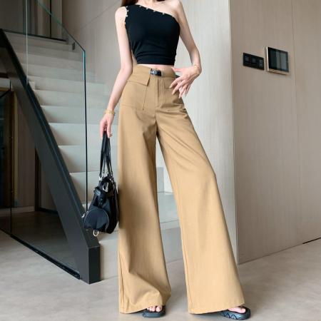 高腰韩版工装卡其色阔腿裤女春夏通勤百搭显瘦拖地慵懒风休闲裤 服裝批發女裝批發服飾貨源