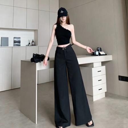 高腰韩版工装卡其色阔腿裤女春夏通勤百搭显瘦拖地慵懒风休闲裤 服裝批發女裝批發服飾貨源