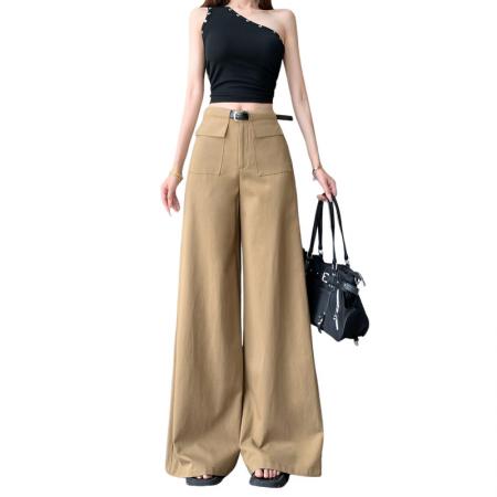 高腰韩版工装卡其色阔腿裤女春夏通勤百搭显瘦拖地慵懒风休闲裤 服裝批發女裝批發服飾貨源