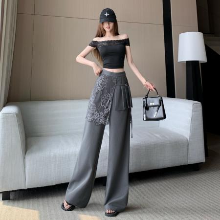 灰色设计感蕾丝屁帘裤女春夏流行新款轻奢百搭直筒裤阔腿裤子 服裝批發女裝批發服飾貨源