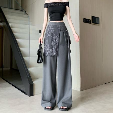 灰色设计感蕾丝屁帘裤女春夏流行新款轻奢百搭直筒裤阔腿裤子 服裝批發女裝批發服飾貨源