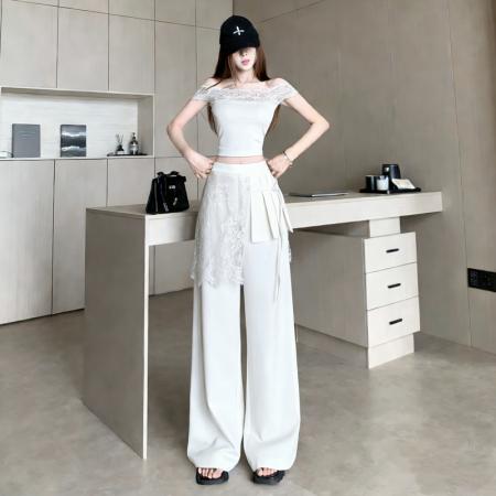 灰色设计感蕾丝屁帘裤女春夏流行新款轻奢百搭直筒裤阔腿裤子 服裝批發女裝批發服飾貨源