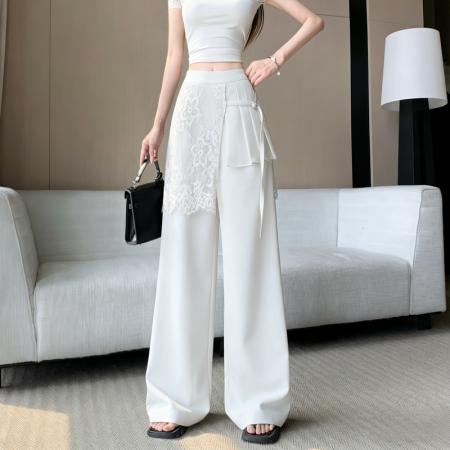 灰色设计感蕾丝屁帘裤女春夏流行新款轻奢百搭直筒裤阔腿裤子 服裝批發女裝批發服飾貨源