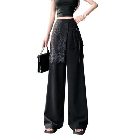 灰色设计感蕾丝屁帘裤女春夏流行新款轻奢百搭直筒裤阔腿裤子 服裝批發女裝批發服飾貨源