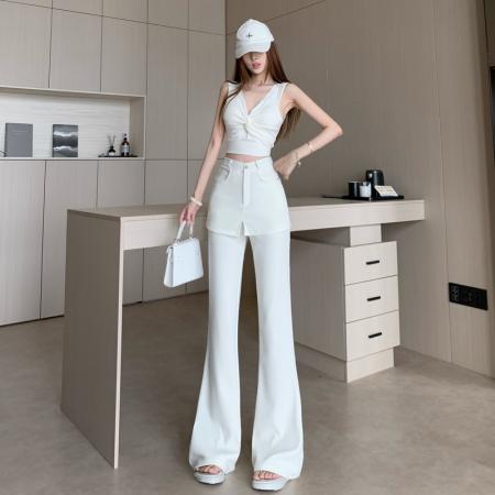 白色屁帘微喇裤女春夏新款高腰设计感假两件休闲拖地裤长裤子 服裝批發女裝批發服飾貨源