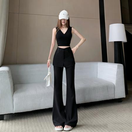 BY15919# 白色屁帘微喇裤女春夏新款高腰设计感假两件休闲拖地裤长裤子 服裝批發女裝批發服飾貨源